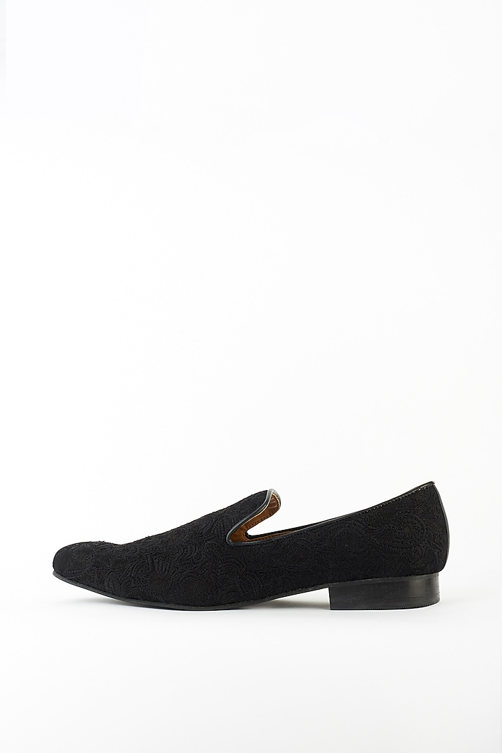 Black Processed Leather Embroidered Loafers by Vanshik at Pernia's Pop Up Shop