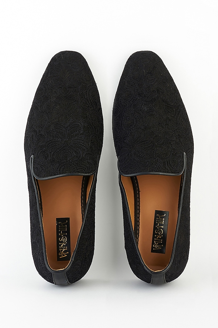 Black Processed Leather Embroidered Loafers by Vanshik at Pernia's Pop Up Shop