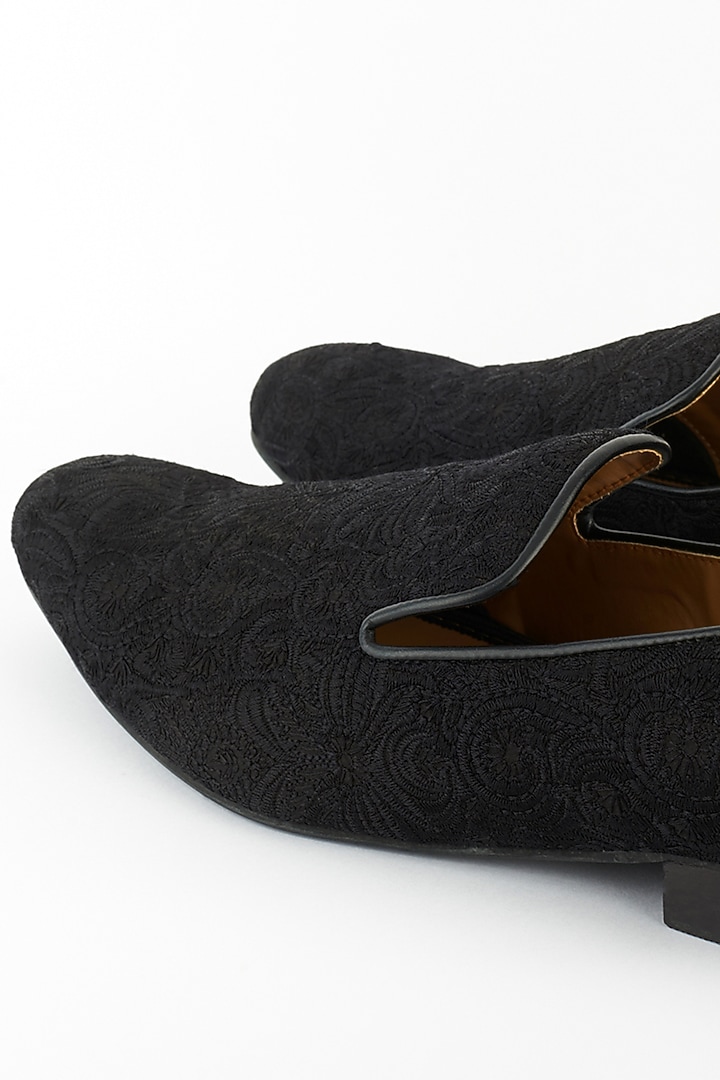Black Processed Leather Embroidered Loafers by Vanshik at Pernia's Pop Up Shop