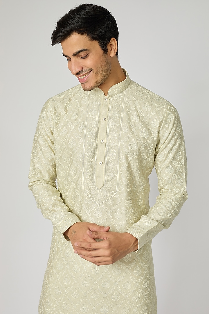 Mint Chanderi Silk Embroidered Kurta Set by Vanshik at Pernia's Pop Up Shop