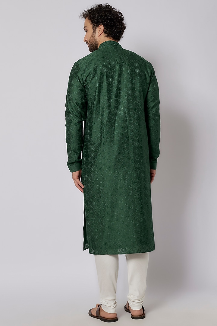 Green Chanderi Silk Embroidered Kurta Set by Vanshik at Pernia's Pop Up Shop