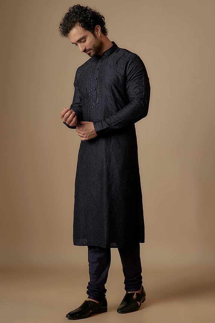 Blue Dupion Silk Embroidered Kurta Set by Vanshik at Pernia's Pop Up Shop