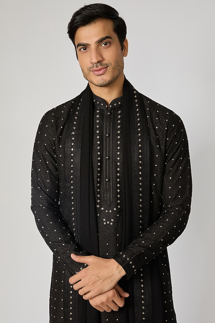 Black Dupion Silk Kurta Set by Vanshik at Pernia's Pop Up Shop