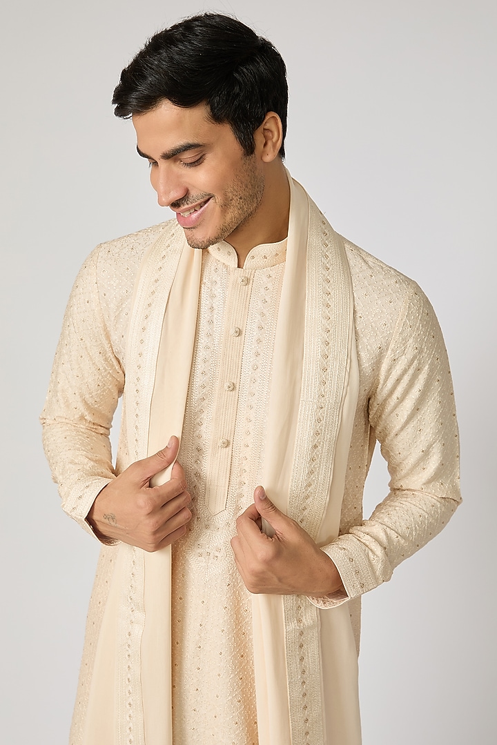 Pearl White Dupion Silk Kurta Set by Vanshik at Pernia's Pop Up Shop