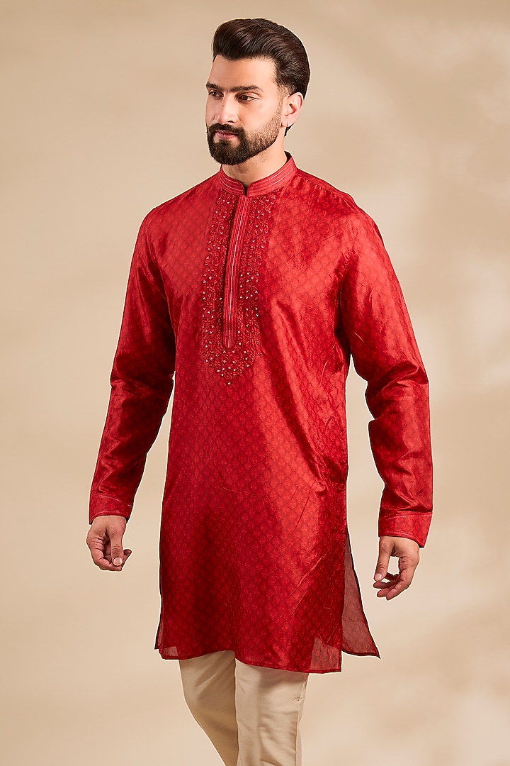 Red Silk Kurta by Vanshik at Pernia's Pop Up Shop