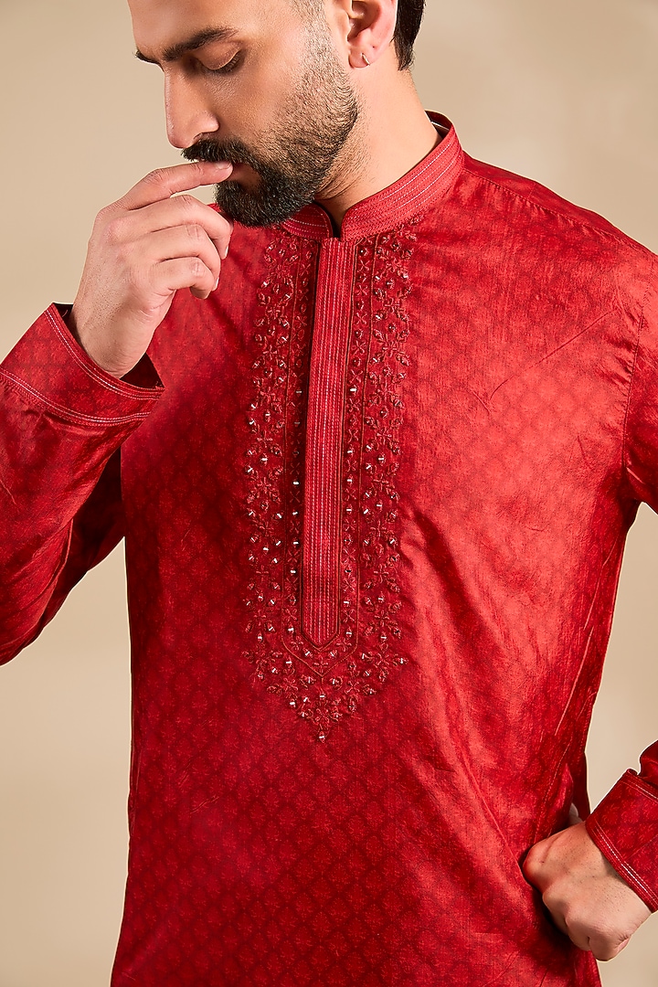 Red Silk Kurta by Vanshik at Pernia's Pop Up Shop