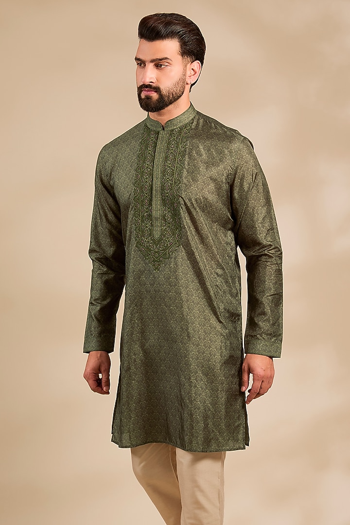 Olive Silk Kurta by Vanshik at Pernia's Pop Up Shop
