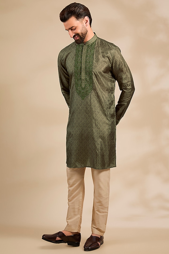 Olive Silk Kurta by Vanshik at Pernia's Pop Up Shop