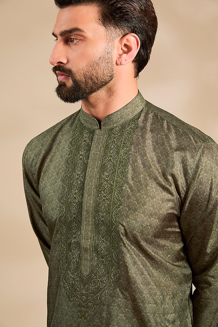 Olive Silk Kurta by Vanshik at Pernia's Pop Up Shop