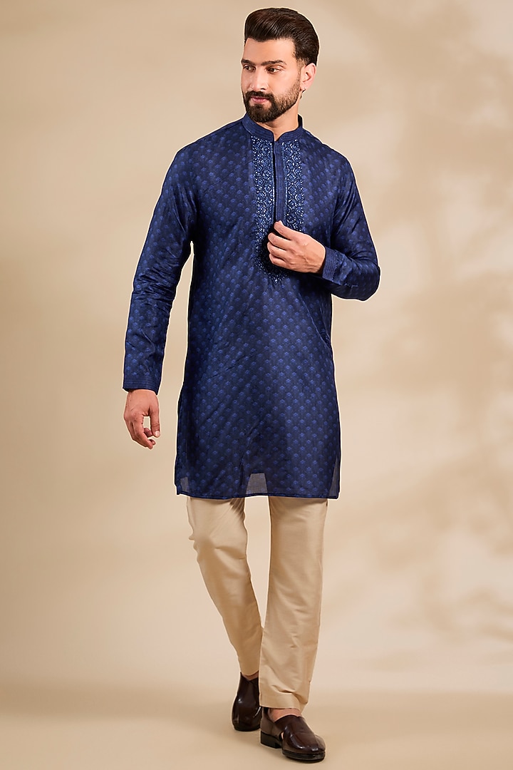 Navy Silk Kurta by Vanshik at Pernia's Pop Up Shop