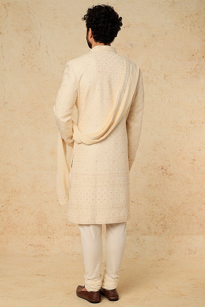Cream Dupion Silk Hand Embroidered Groom Sherwani Set by Vanshik at Pernia's Pop Up Shop
