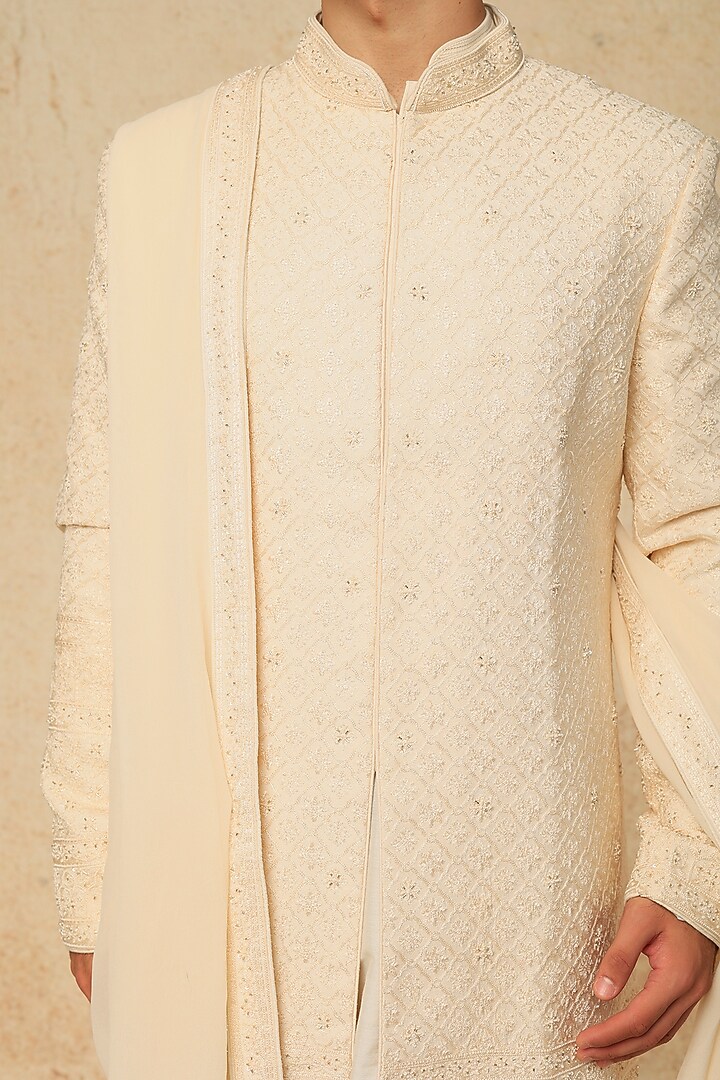 Cream Dupion Silk Hand Embroidered Groom Sherwani Set by Vanshik at Pernia's Pop Up Shop