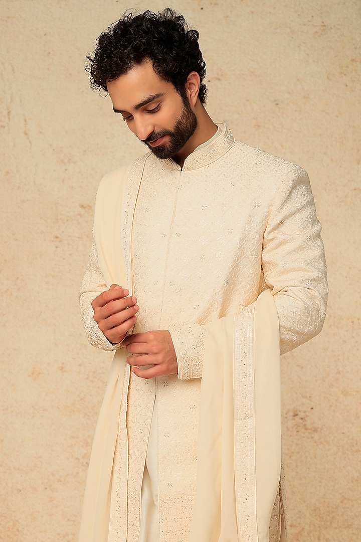 Cream Dupion Silk Hand Embroidered Groom Sherwani Set by Vanshik at Pernia's Pop Up Shop