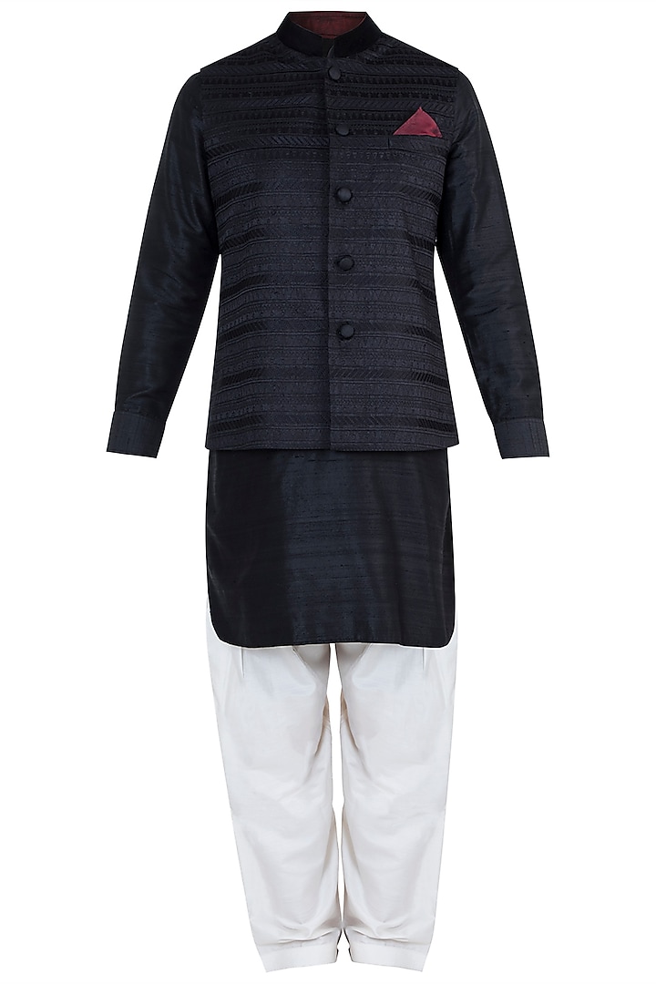 Black Embroidered Nehru jacket With Kurta Set by Vanshik