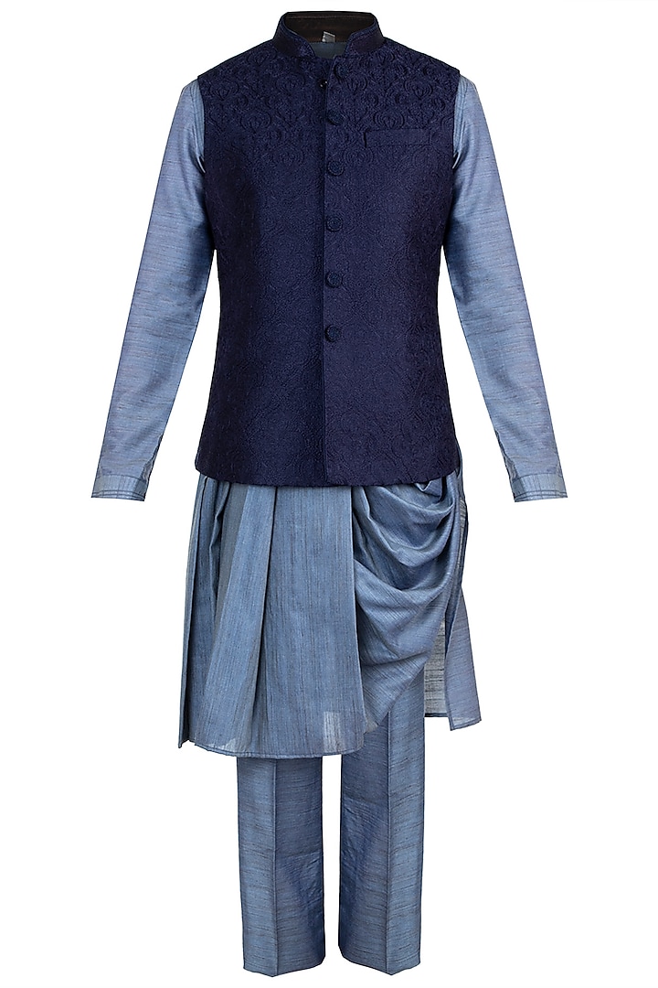 Blue Embroidered Nehru Jacket Set by Vanshik