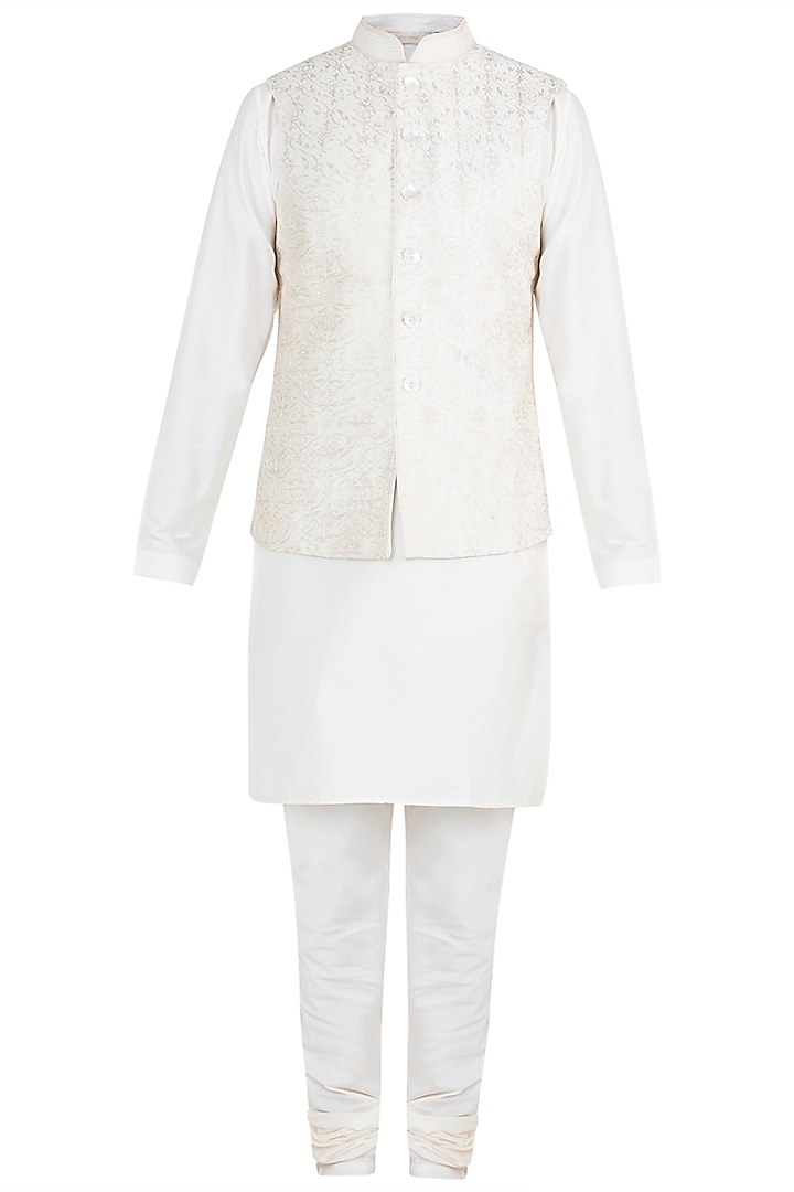 Ivory Embroidered Silk Bundi Jacket With Kurta & Churidaar Pants by Vanshik