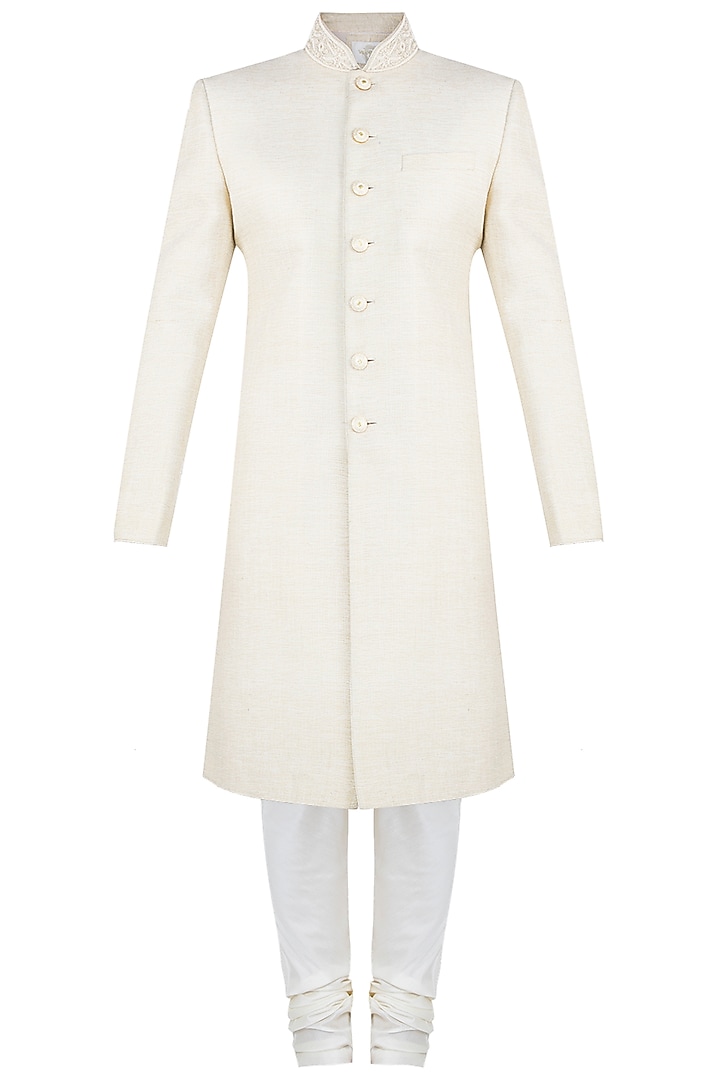 Cream Embroidered Linen Wedding Sherwani Kurta With Churidaar Pants by Vanshik at Pernia's Pop Up Shop
