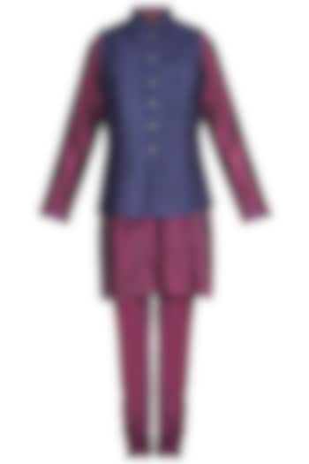 Maroon & Blue Embroidered Waist Coat With Kurta & Pants by Vanshik at Pernia's Pop Up Shop