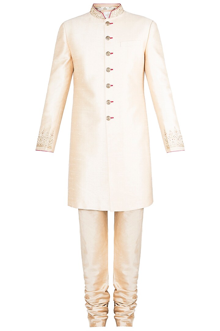 Light Gold Embroidered Wedding Sherwani Kurta With Pants by Vanshik at Pernia's Pop Up Shop