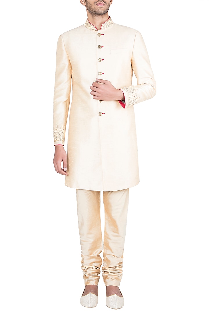 Light Gold Embroidered Wedding Sherwani Kurta With Pants by Vanshik at Pernia's Pop Up Shop