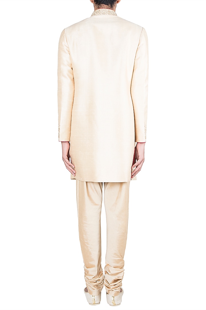 Light Gold Embroidered Wedding Sherwani Kurta With Pants by Vanshik at Pernia's Pop Up Shop