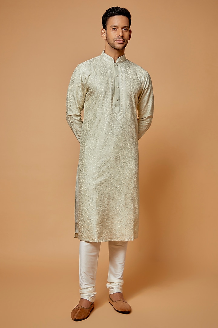 Mint Green Chanderi Embroidered Kurta Set by Vanshik at Pernia's Pop Up Shop