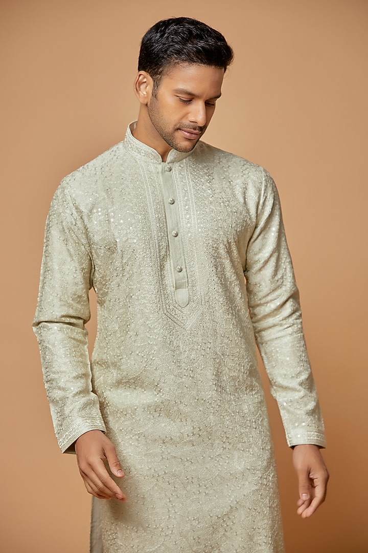 Mint Green Chanderi Embroidered Kurta Set by Vanshik at Pernia's Pop Up Shop