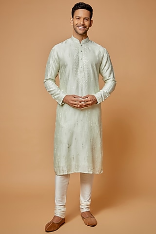 Green Chanderi Embroidered Kurta Set by Vanshik