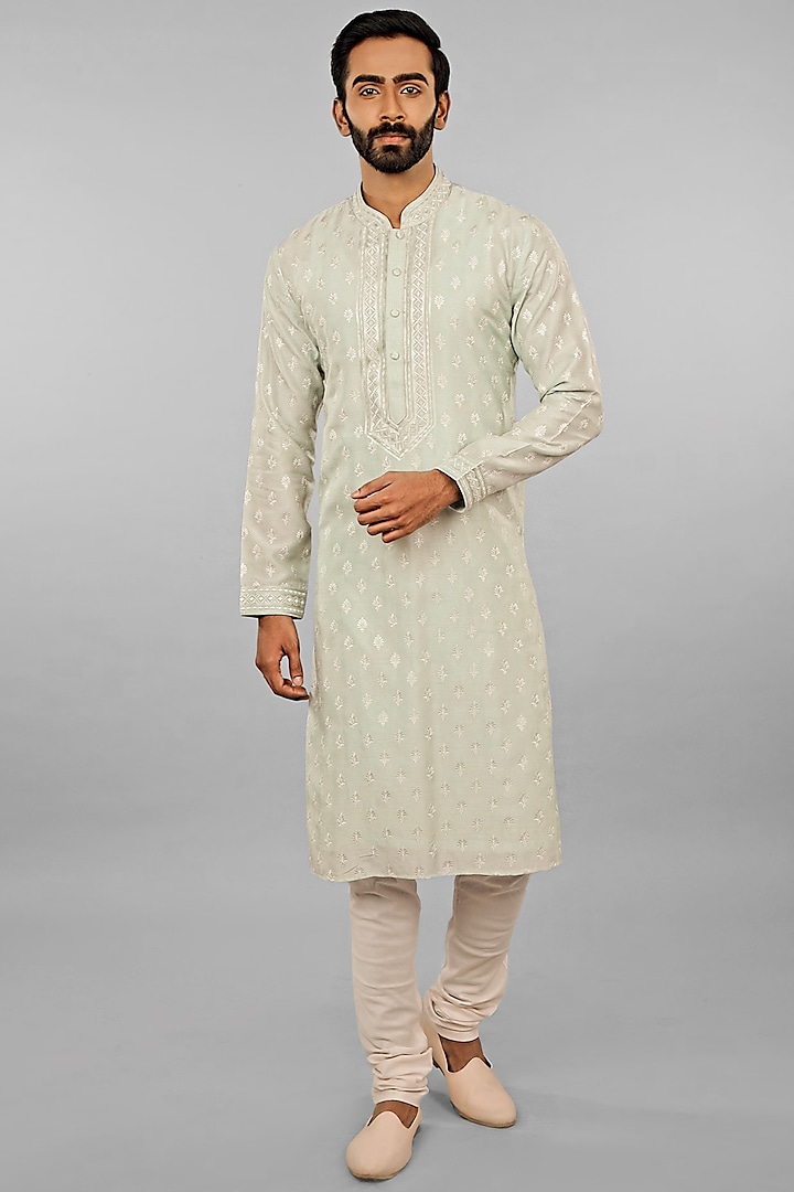 Lime Silk Embroidered Kurta Set by Vanshik