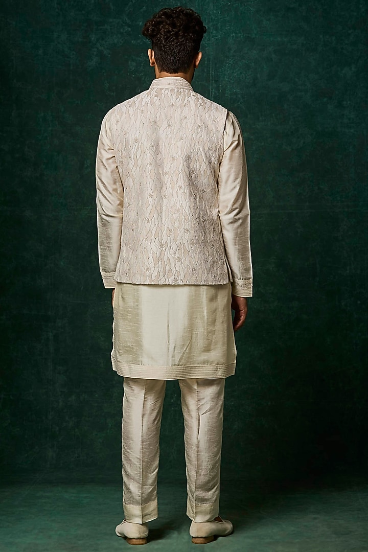 Pearl-Colored Silk Pearl Embroidered Bundi Jacket Set by Vanshik at Pernia's Pop Up Shop