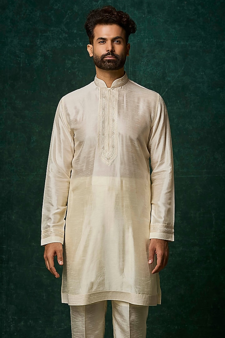 Pearl-Colored Silk Pearl Embroidered Bundi Jacket Set by Vanshik at Pernia's Pop Up Shop
