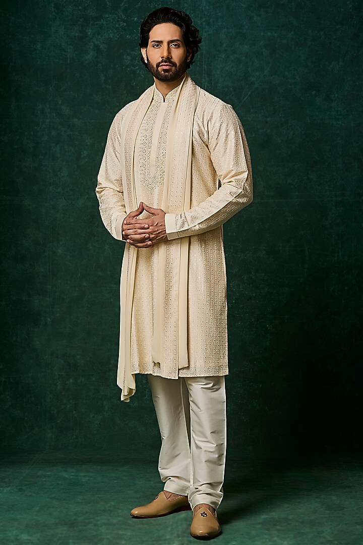 Pearl-Colored Silk Zardosi Embroidered Kurta Set by Vanshik at Pernia's Pop Up Shop