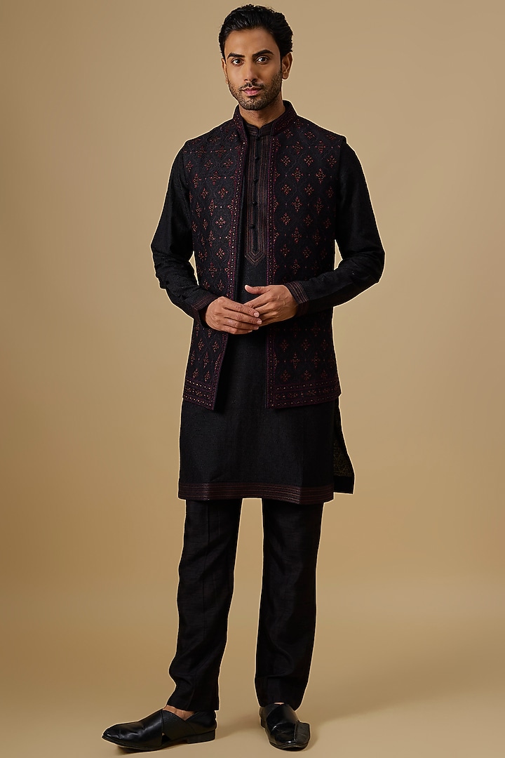 Black Silk Embroidered Nehru Jacket Set by Vanshik at Pernia's Pop Up Shop