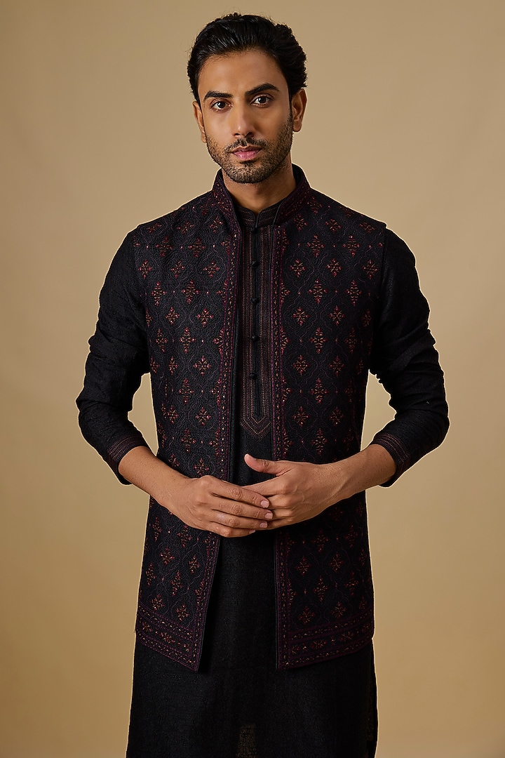 Black Silk Embroidered Nehru Jacket Set by Vanshik at Pernia's Pop Up Shop