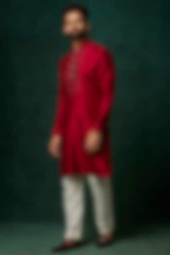 Ruby-Colored Raw Silk Kantha Embroidered Kurta Set by Vanshik