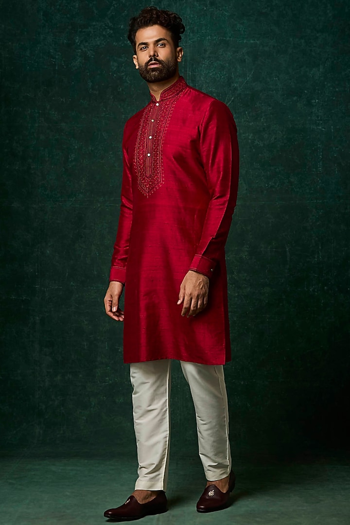Ruby-Colored Raw Silk Kantha Embroidered Kurta Set by Vanshik