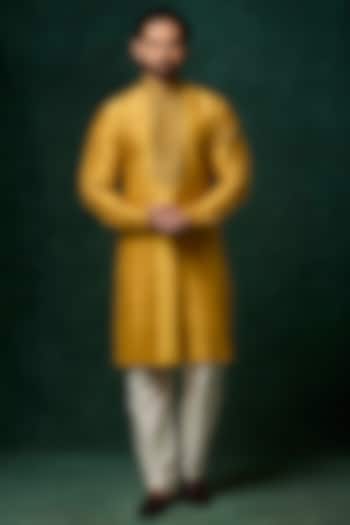 Yellow Raw Silk Kantha Embroidered Kurta Set by Vanshik at Pernia's Pop Up Shop