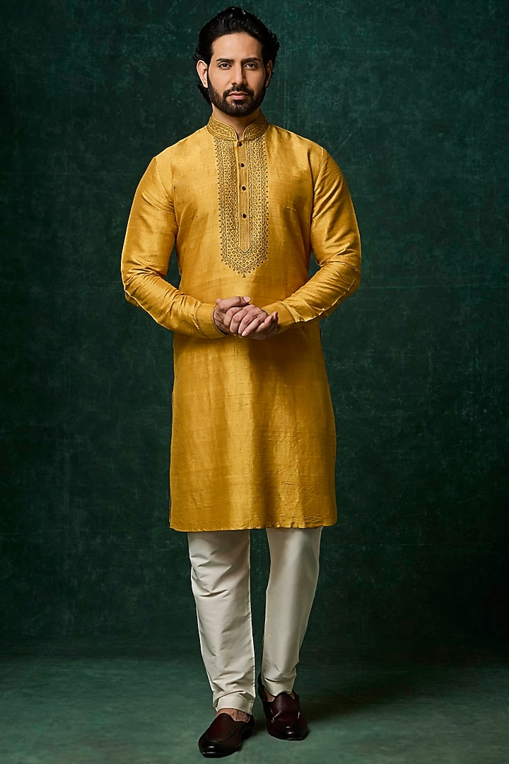 Yellow Raw Silk Kantha Embroidered Kurta Set by Vanshik at Pernia's Pop Up Shop