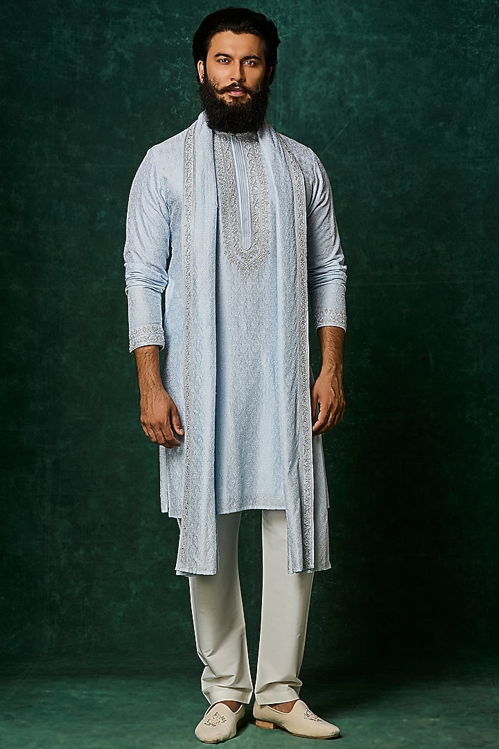 Aqua Silk Pearl Embroidered Kurta Set by Vanshik at Pernia's Pop Up Shop