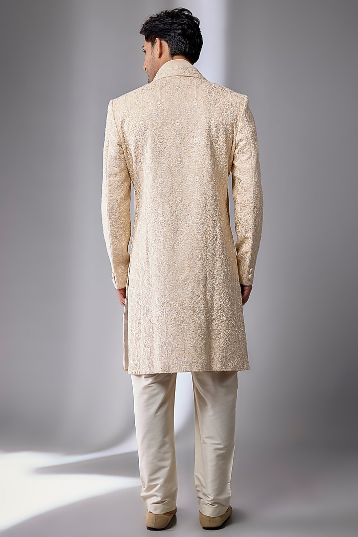 Pearl-Colored Silk Hand Embroidered Groom Sherwani Set by Vanshik at Pernia's Pop Up Shop