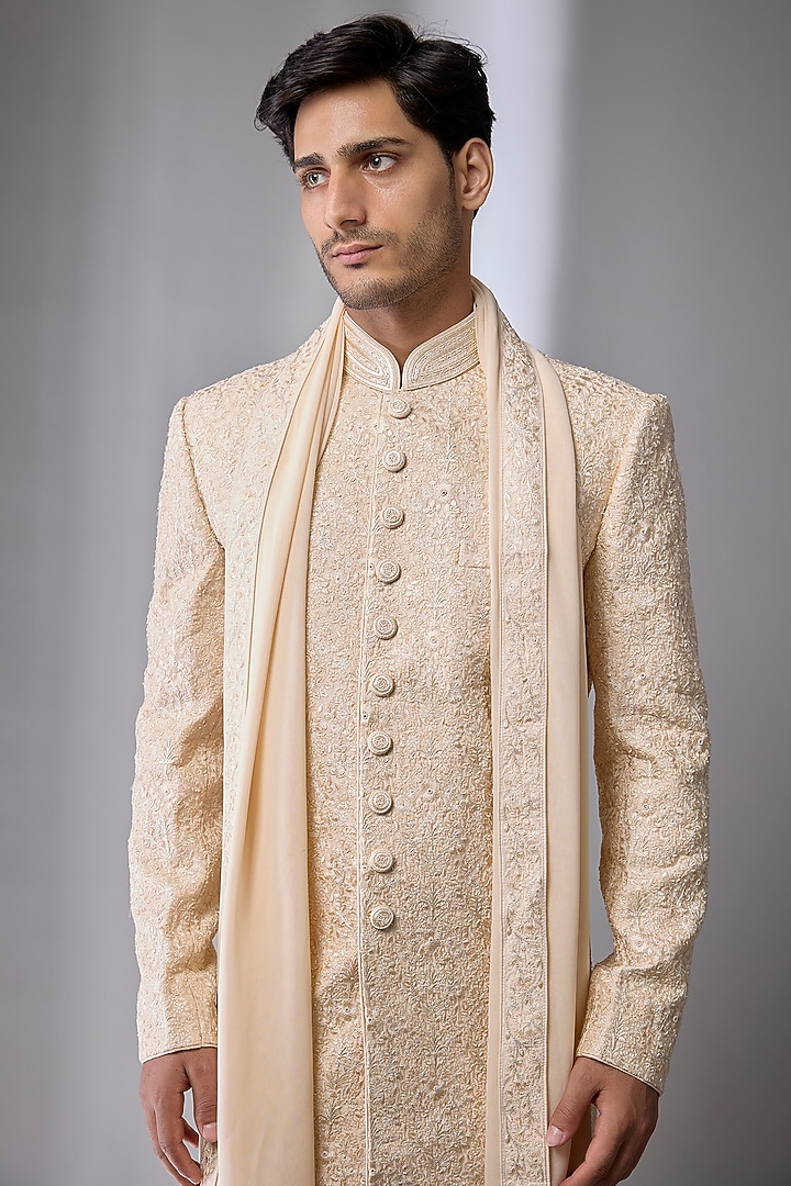 Pearl-Colored Silk Hand Embroidered Groom Sherwani Set by Vanshik at Pernia's Pop Up Shop