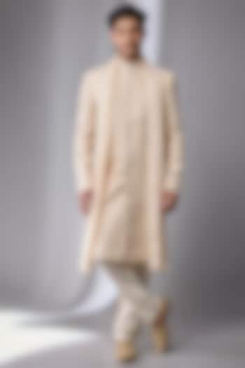 Pearl-Colored Silk Hand Embroidered Groom Sherwani Set by Vanshik at Pernia's Pop Up Shop