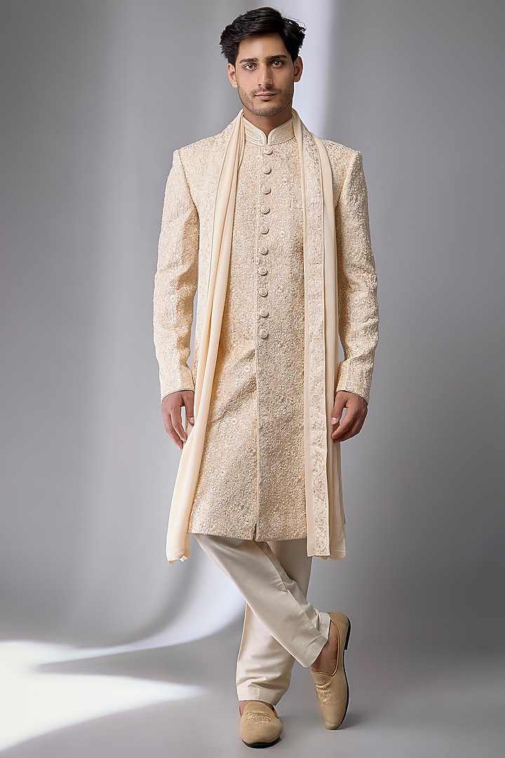 Pearl-Colored Silk Hand Embroidered Groom Sherwani Set by Vanshik at Pernia's Pop Up Shop