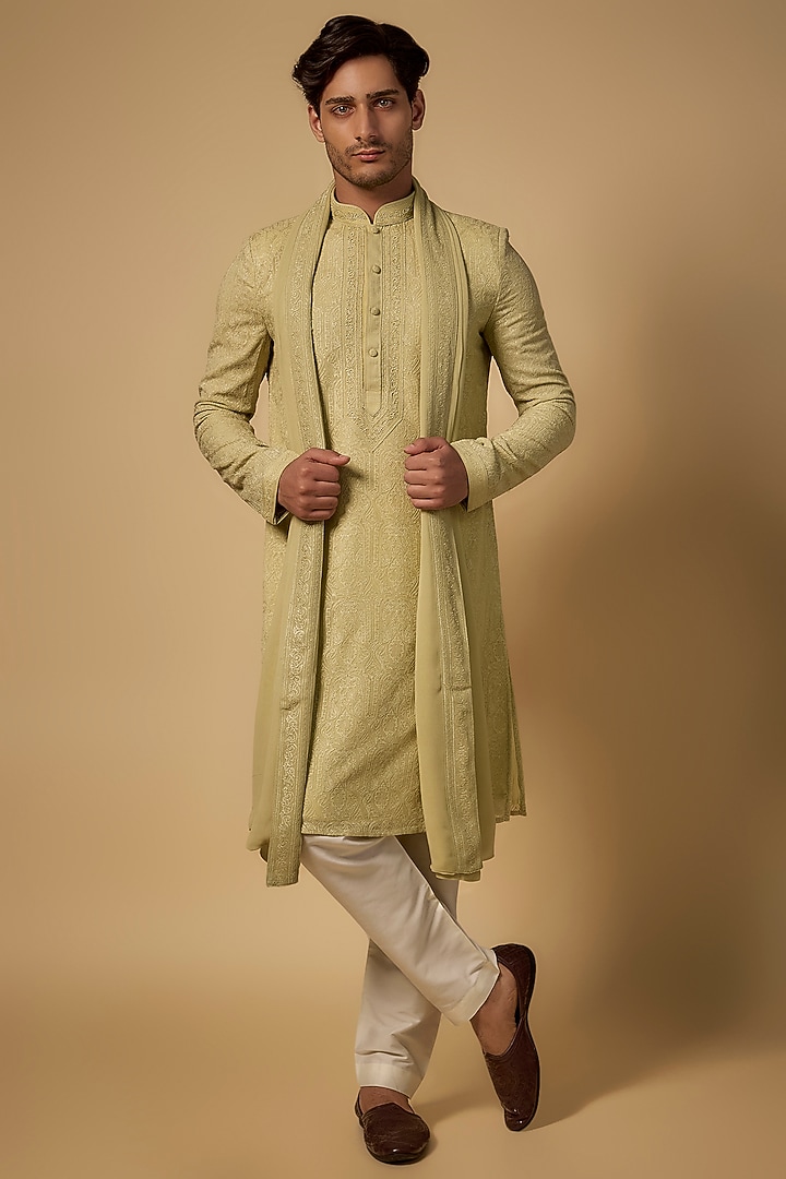 Mint Georgette Resham & Cutdana Embroidered Lucknowi Kurta Set by Vanshik at Pernia's Pop Up Shop