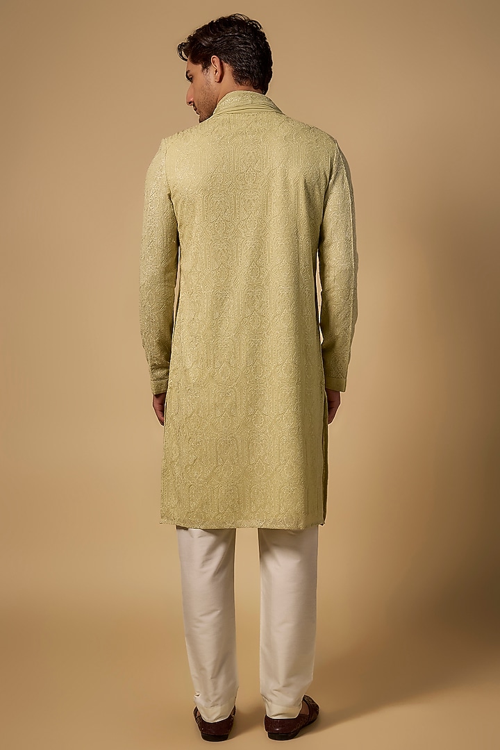 Mint Georgette Resham & Cutdana Embroidered Lucknowi Kurta Set by Vanshik at Pernia's Pop Up Shop