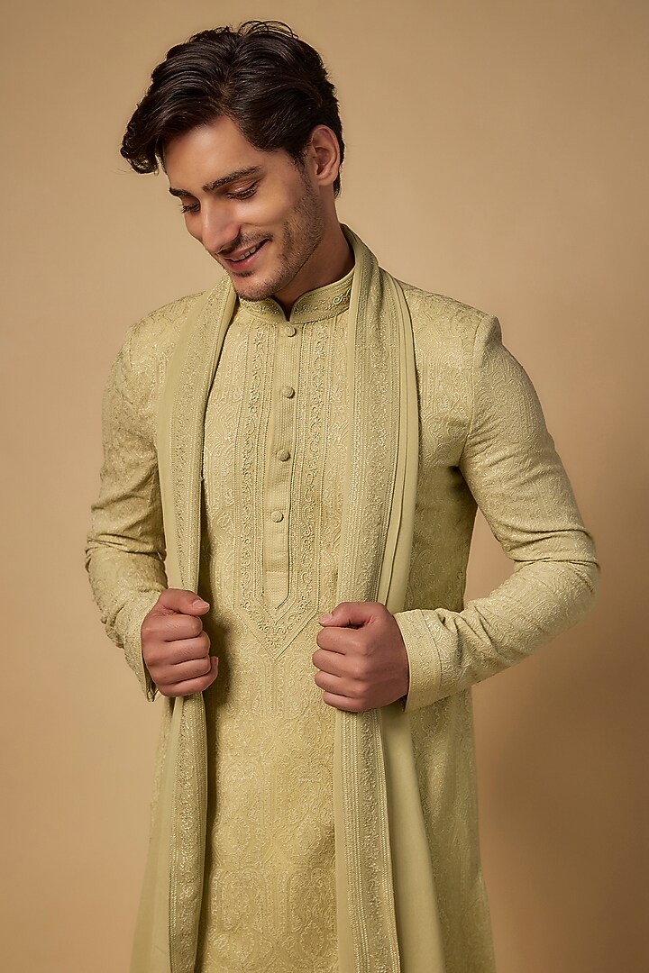 Mint Georgette Resham & Cutdana Embroidered Lucknowi Kurta Set by Vanshik at Pernia's Pop Up Shop