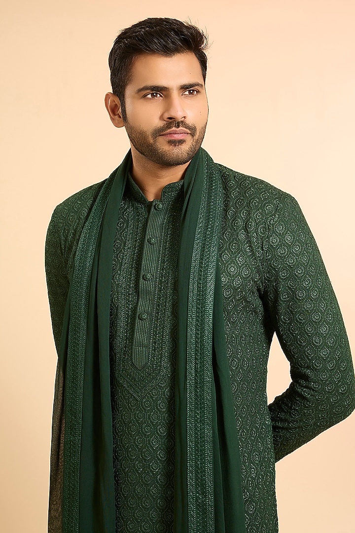 Green Georgette Lucknowi Kurta Set by Vanshik at Pernia's Pop Up Shop
