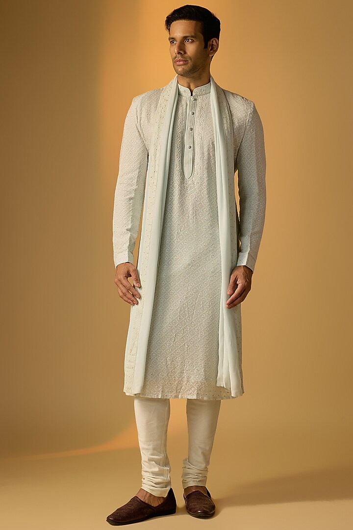 Aqua Blue Georgette Lucknowi Kurta Set by Vanshik at Pernia's Pop Up Shop