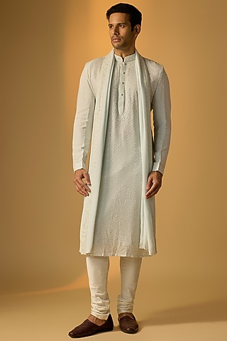 Aqua Blue Georgette Lucknowi Kurta Set by Vanshik