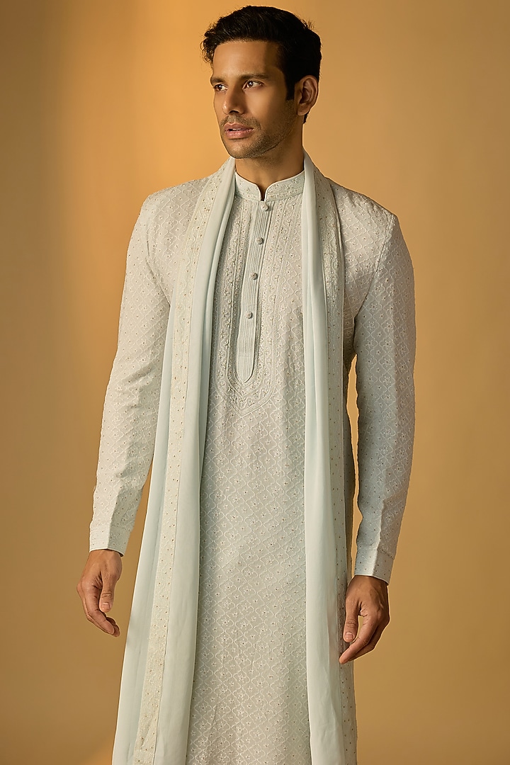 Aqua Blue Georgette Lucknowi Kurta Set by Vanshik at Pernia's Pop Up Shop